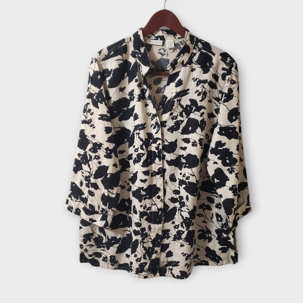 Tweeds Woman 100% Linen Floral Button Up Shirt Black Cream Plus Size 1X